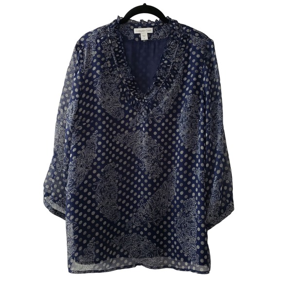 Coldwater Creek Tops - Coldwater Creek 3/4 Sleeve Ruffle V-Neck Paisley Chiffon Blouse, Blue, Sz L/14